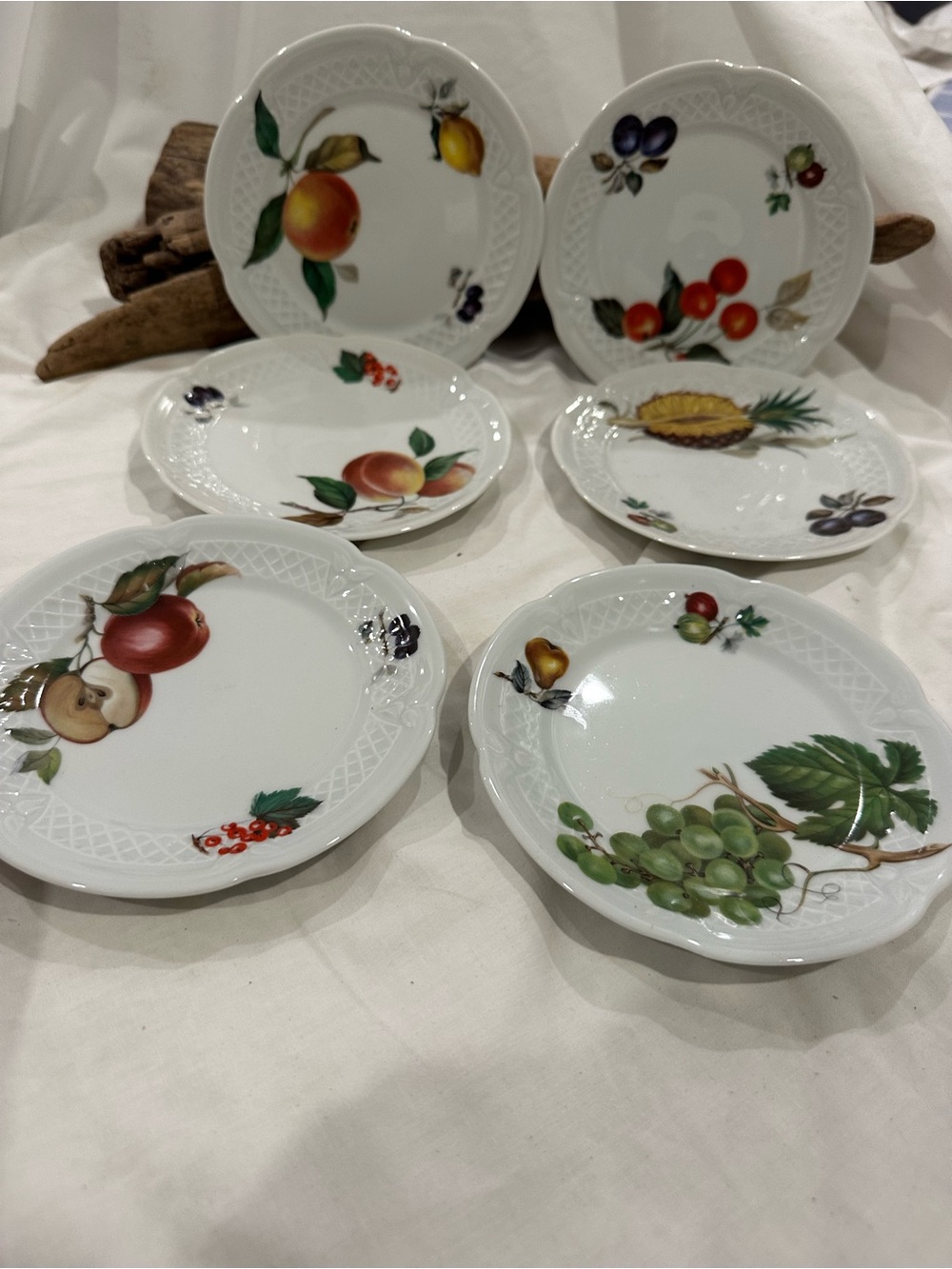 Louis Lourioux France PORCELAIN CANAPE Fruit Motif White Dessert Plates